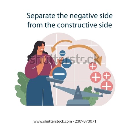 Separate negative aspects from positive part to deal with judgement at work. Employee dealing with pressure from manager, learning how to take constructive criticism. Flat vector illustration