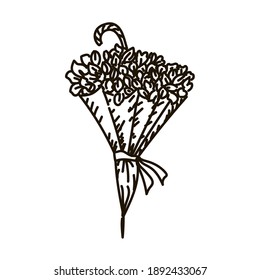 A separate object on a white background. Umbrella with flower decoration and ribbon. Valentine's Day. Doodle style. Vector. Umbrella in black and white style. Suitable for postcards, invitations.