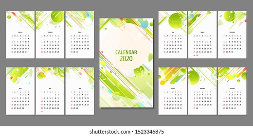 Separate pages Calendar 2020 ecology poster triangle vector futuristic light minimal geometric hipster white background. Green and yellow lines and points natural