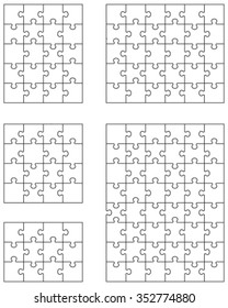 Separate pieces of five white jigsaw puzzles, vector