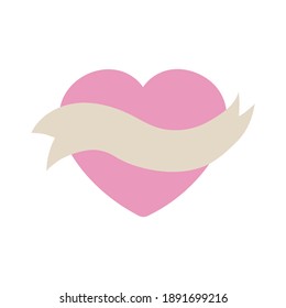 Separate symbol flat pink heart with a ribbon. Isolated heart object for Valentine's Day, can be used as sitker or badge for love and friendship and Valentine's Day theme