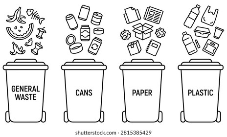 Separate trash cans for organic waste, metal cans, paper products, and plastic items. recycling process.