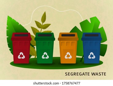 Separate waste collection, bright colored garbage containers for garbage, plants. The concept of the environment, ecology. Design for banner, cover, page site. Vector illustration 