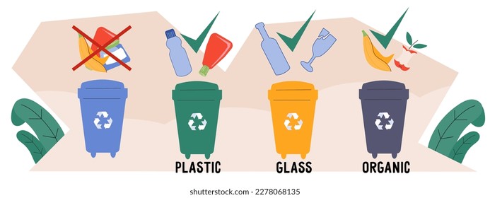 Separate waste collection for recycling. Garbage sorting for recycling and waste reduction, vector flat illustration isolated on white background.