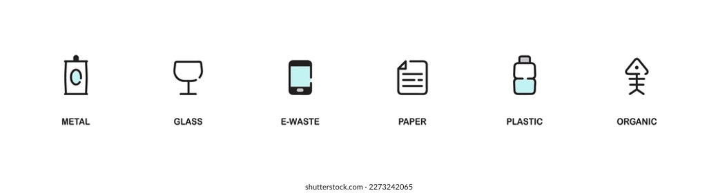 Separate Waste Icons. Recycling system management icons set for print, sticker, label, banner template. Separate garbage pack - metal, glass, electronics, e-waste, electronics, paper, plastic, organic