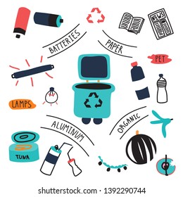 Separate waste  and recycling vector hand drawn illustration with lettering