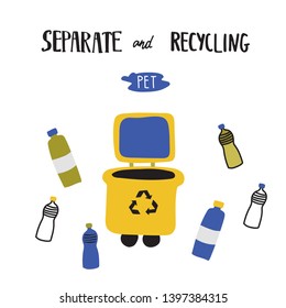 Separate waste  and recycling vector hand drawn illustration with lettering