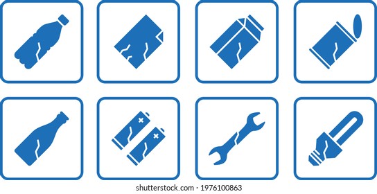 Separate waste sorting for recycling. Information stickers for all purposes. Caring for the environment. Flat minimalistic vector icons set.