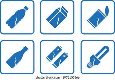 Separate waste sorting for recycling for office and domestic use. Information stickers. Caring for the environment. Flat minimalistic vector icons set.