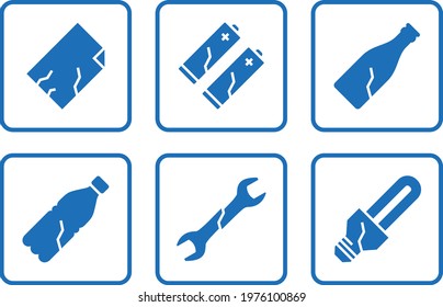 Separate waste sorting for recycling for technical industry. Information stickers. Caring for the environment. Flat minimalistic vector icons set.