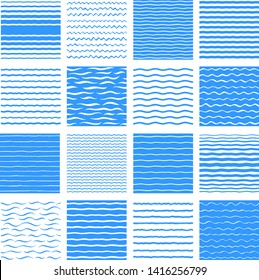 Separate waves, wavy endless stripes patterns set, collection. Winding streaks, bars, crooked doodle lines. Water, sea, river, marine, naval textures collection. Hand drawn stylized water backgrounds