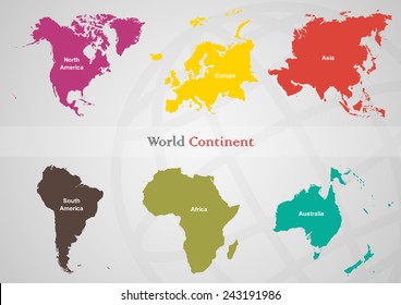 The separated area of each continent in the world on gray back ground.(EPS10 Art vector separate part by part)