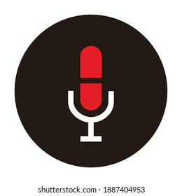 separated microphone on a black circle background for broadcast or podcast icon or logo - red, white and black illustrations