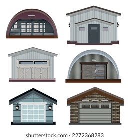 Separately standing garage buildings with different kinds of doors and gates realistic set isolated vector illustration