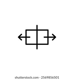 Separating arrow in two part icon Black and white outline vector