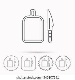 Separating board icon. Kitchen knife sign. Linear circle, square and star buttons with icons.