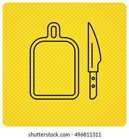 Separating board icon. Kitchen knife sign. Linear icon on orange background. Vector
