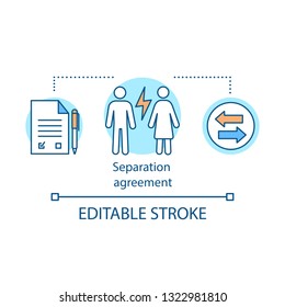 Separation agreement concept icon. Divorce idea thin line illustration. Marriage separating. Family, couple break up. Sign contract. Get divorced. Vector isolated outline drawing. Editable stroke