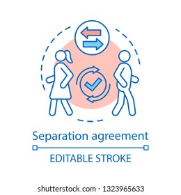 Separation agreement concept icon. Divorce agreement idea thin line illustration. Family quarrel, misunderstanding. Couple break up. Get divorced. Vector isolated outline drawing. Editable stroke