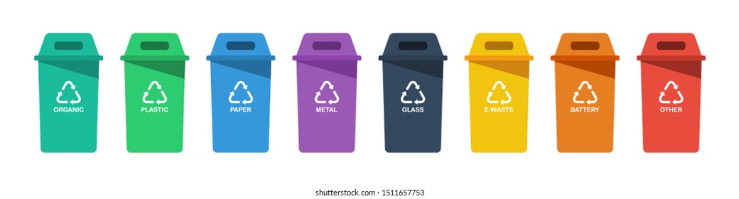 Separation concept. Set of color recycle bin icons in trendy flat style, isolated on white background. Green blue violet black yellow orange and red recycle bins with recycle symbol Vector illustratio