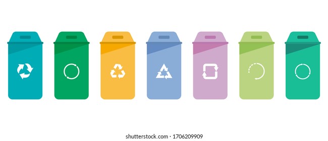 Concepto de separación. Conjunto de iconos de la papelera de reciclaje en color en estilo plano moderno, símbolo de reciclaje de residuos, vista frontal