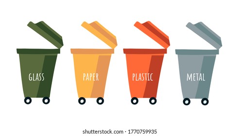 Separation concept. Vector collection of colored bins for separate collection of garbage on a white background. Basket with inscriptions glass, paper, metal, plastic. Red, yellow, green and gray pots