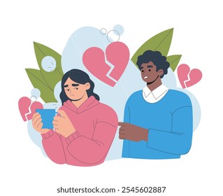 Separation of couple. Conflict between man and woman. Pair breaks up. Negative feelings and emotions. Frustration and depression, loneliness. Flat vector illustration isolated on white background
