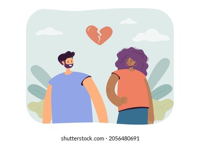 Separation of couple people with broken heart. Conflict of two man and woman flat vector illustration. Divorce in family, bad relationship, love concept for banner, website design or landing web page