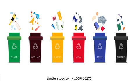 Separation dustbins with organic, paper, plastic, glass, metal waste and batteries. Different types of garbage in a cartoon flat style. Concept of recycling segregation of types of garbage. Vector.