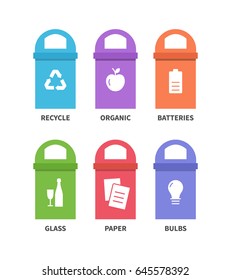 Separation garbage bins with organic, paper, glass, batteries, bulb. Different trash types flat icons.