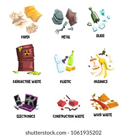 Separation of garbage on paper, metal, glass, radioactive waste, plastic, organics, electronics, construction rubbish and wood. Flat vector set