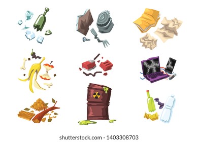 Separation of garbage on paper, metal, glass, radioactive waste, plastic, organics, electronics, construction rubbish and wood. Flat vector set