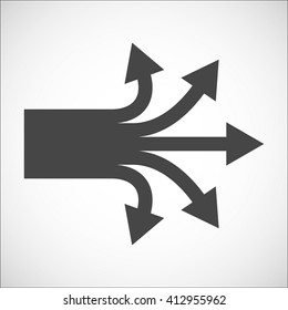 Separation icon with arrows explanation. Complication, forking, branching. Diversification process in business. Split from single to many. From simple to complex arrow diagrams.