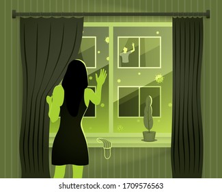 Separation of lovers of a man and a woman due to a pandemic and quarantine of a viral infection. Vector illustration.