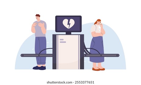 Separación de amantes. Chica triste y chico se paran por separado, corazón roto en la pantalla de rayos X. Metáfora de la relación a larga distancia. Concepto de Vector de traición o traición