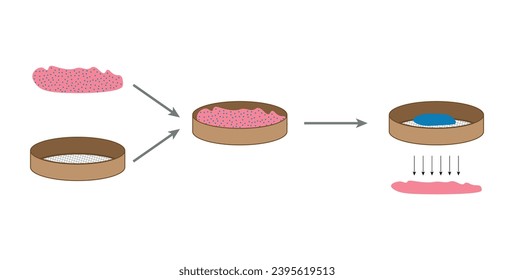 Separation mixtures with sifting diagram. Sieving filtration process. Mixture of sand and gravel. Scientific resources for teachers and students.