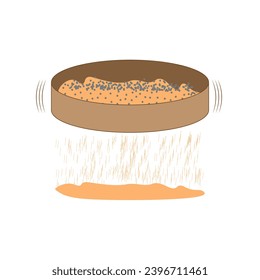 Separation mixtures with sifting diagram. Sieving filtration process. Mixture of sand and gravel. Scientific resources for teachers and students.