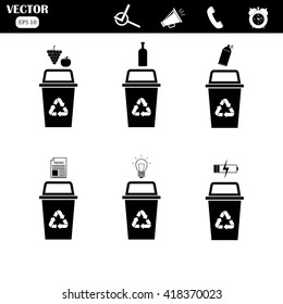 Separation of waste on garbage bins. Sorting waste for recycling. 