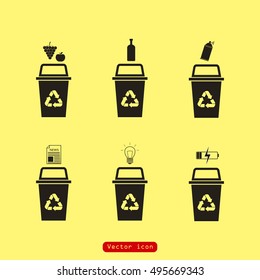 Separation of waste on garbage bins. Sorting waste for recycling. 