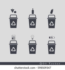 Separation of waste on garbage bins. Sorting waste for recycling. 