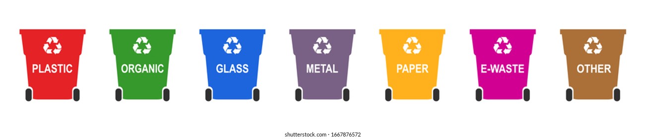 Separation of waste on garbage cans for recycling. Multicolored baskets, sorting garbage. Ecology and recycling concept. Colorful recycle trash bins. Garbage containers in different colors