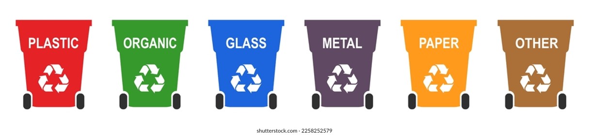 Separation of waste on garbage cans for recycling. Multicolored baskets icon, sorting garbage. Ecology and recycling concept. Colorful recycle trash bins. Garbage containers in different colors