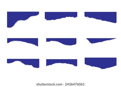 Separator blue grunge shape for website set. Curve lines frame and corner for top page isolated on white