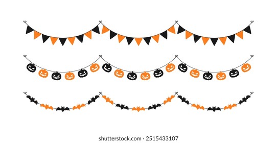 Separador Borda Garland ilustração conjunto de bonito jack o lanternas, morcegos, bandeira bunting, truque ou tratar ícone padrão para dia de Halloween