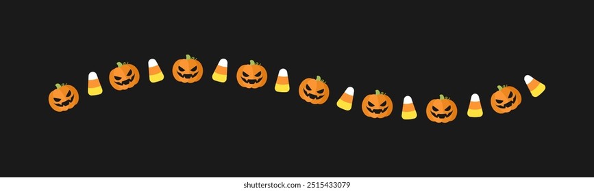 Linha de ilustração de borda separador de bonito jack o lanternas, milho doce, truque ou padrão de tratamento para o dia de Halloween conceito de estação de outono