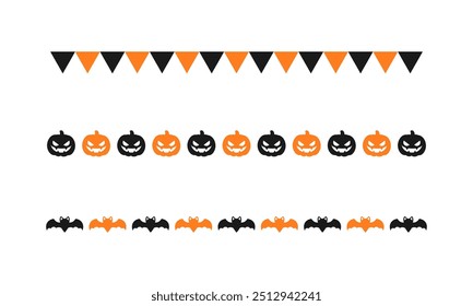 Separator Border illustration line set of cute jack o lanterns, bats, flag bunting, trick or treat icon pattern for Halloween day