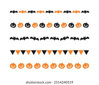 Separator Border illustration line set of cute jack o lanterns, bats, flag bunting, trick or treat icon pattern for Halloween day