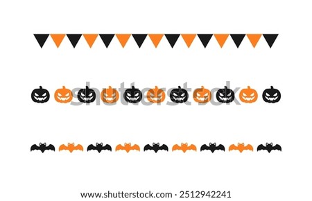 Separator Border illustration line set of cute jack o lanterns, bats, flag bunting, trick or treat icon pattern for Halloween day