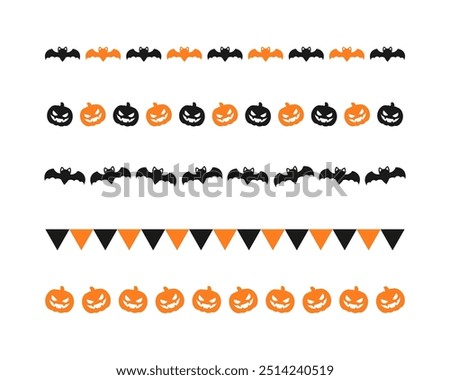 Separator Border illustration line set of cute jack o lanterns, bats, flag bunting, trick or treat icon pattern for Halloween day
