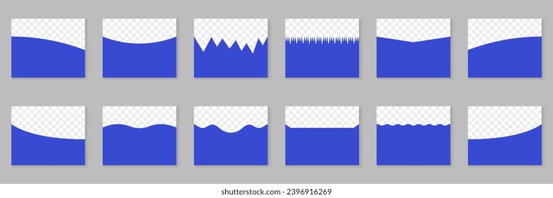 Separator Collection For Poster, App, Banner. Divider Shape for Website Top Section. Curve Line, Abstract Form, Waves, Drops. Design Element for Web Page Bottom Set. Isolated Vector Illustration.